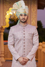 Blush Pink Art Silk Traditional Sherwani Long Kurta & Pant for Men for Wedding - Embroidery Work