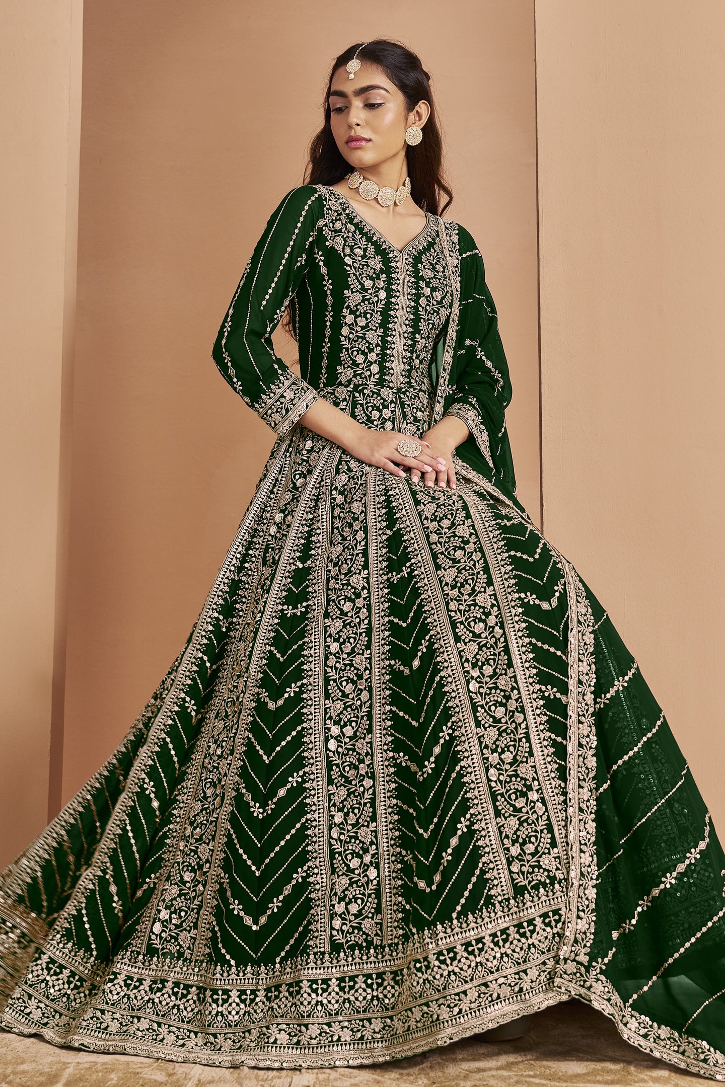 Bottle Green Georgette Anarkali Dress for Reception