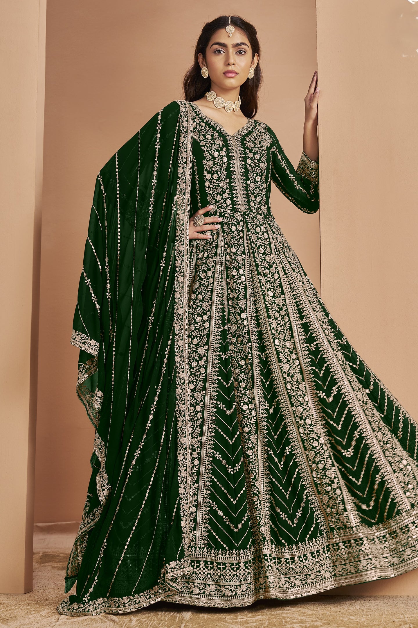 Bottle Green Georgette Anarkali Dress for Reception
