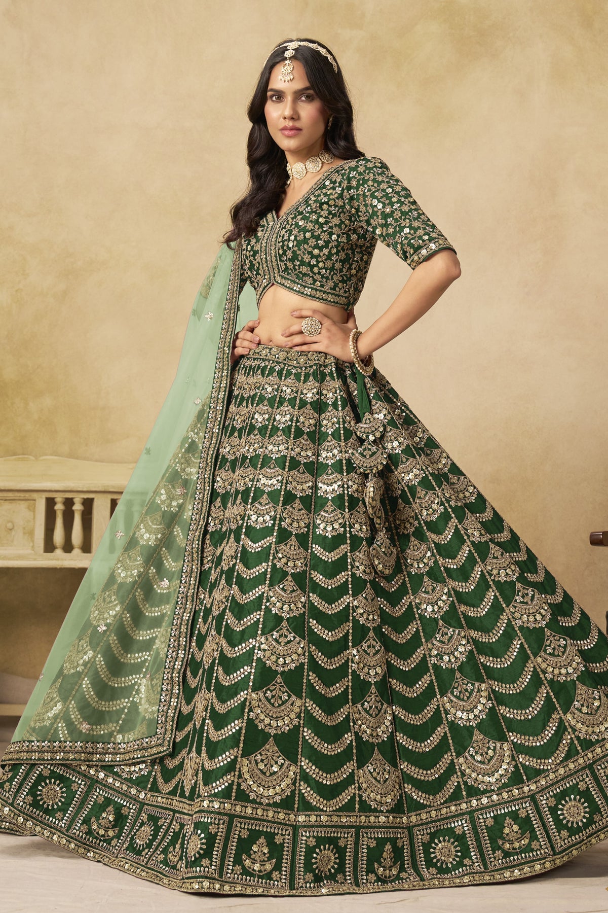 Bottle Green Art Silk Lehenga Choli for Indian & Pakistani Wedding Festival - Thread & Sequin Embroidery Work