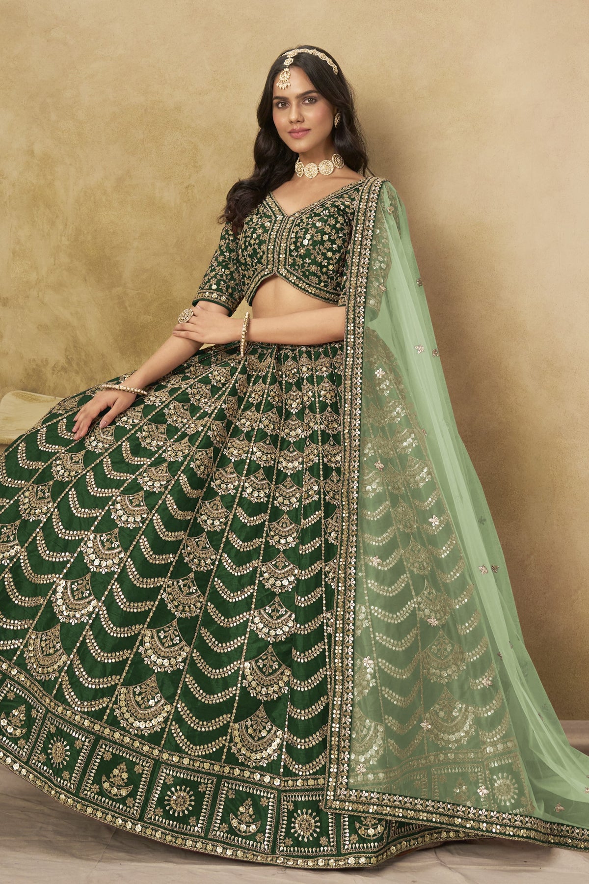 Bottle Green Art Silk Lehenga Choli for Indian & Pakistani Wedding Festival - Thread & Sequin Embroidery Work