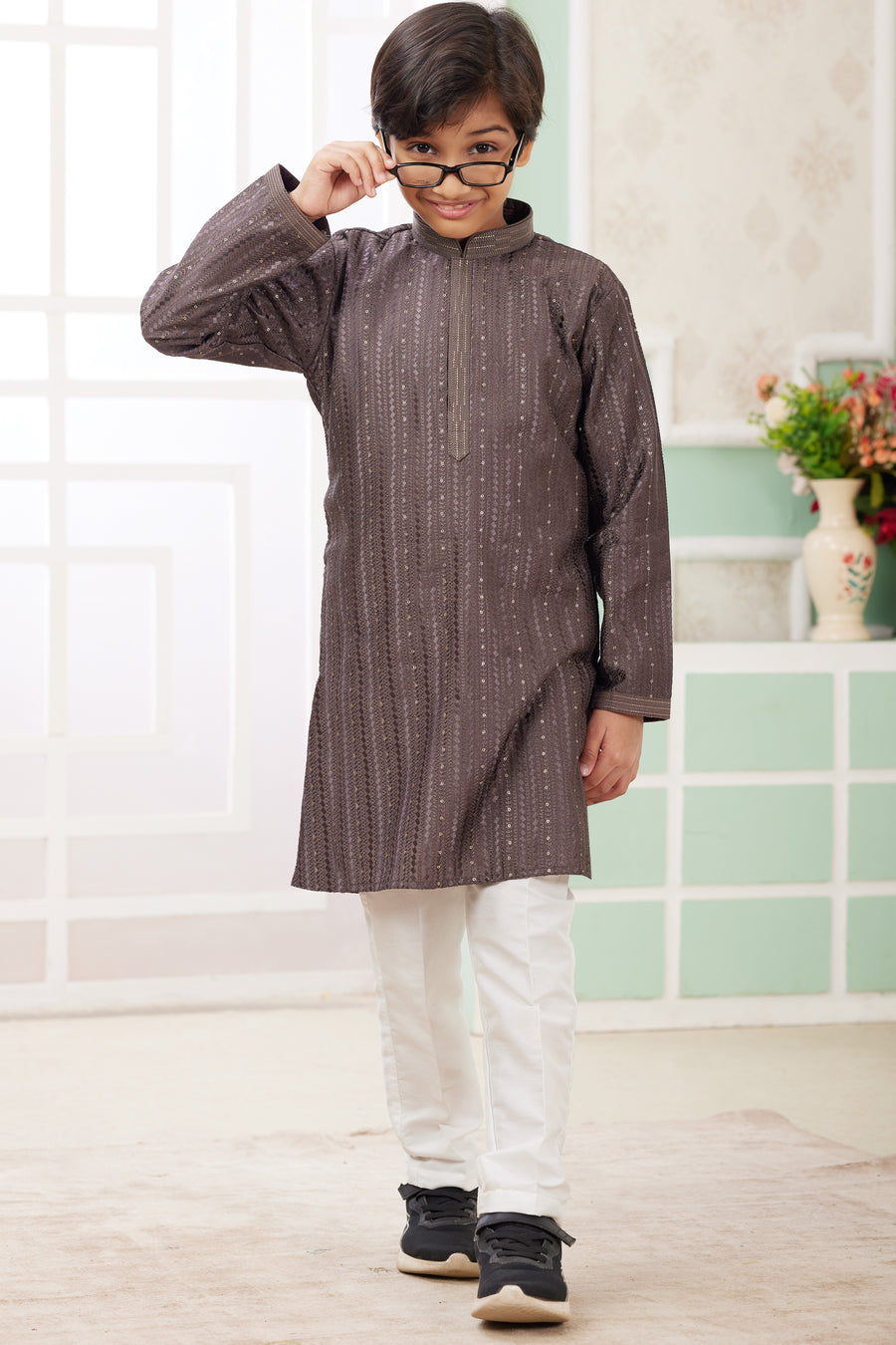 Brown Art Silk 2 Piece Kids Wear Boys Suit Long Kurta Pajama for Kids for Festivals & Wedding - Embroidery Work