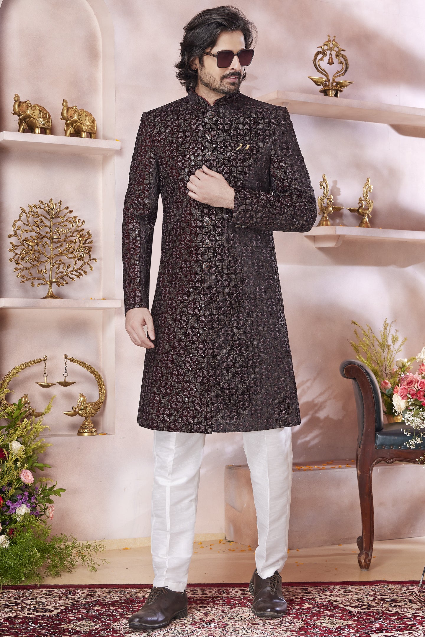 Brown Art Silk Indo Western Traditional Sherwani Long Kurta & Pant Suit for Men for Wedding - Thread Embroidery Work