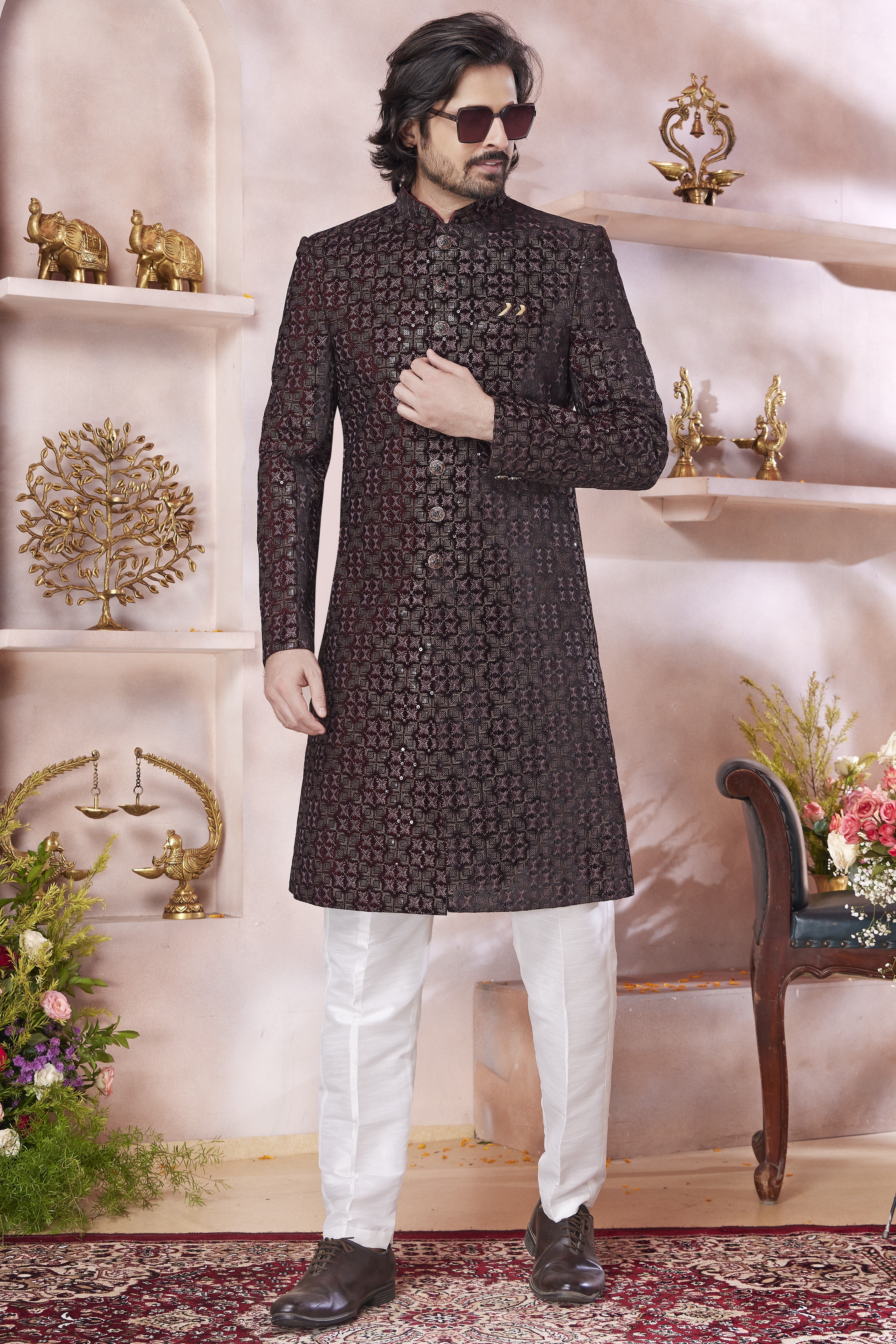 Brown Art Silk Indo Western Traditional Sherwani Long Kurta & Pant Suit for Men for Wedding - Thread Embroidery Work