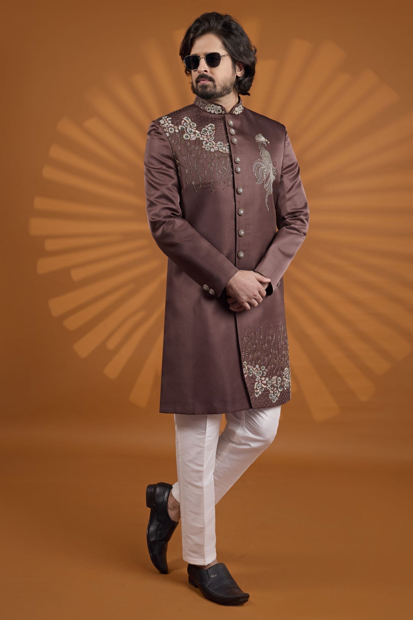 Brown Art Silk Suits for Wedding Mens India Embroidery Kurta Pajama