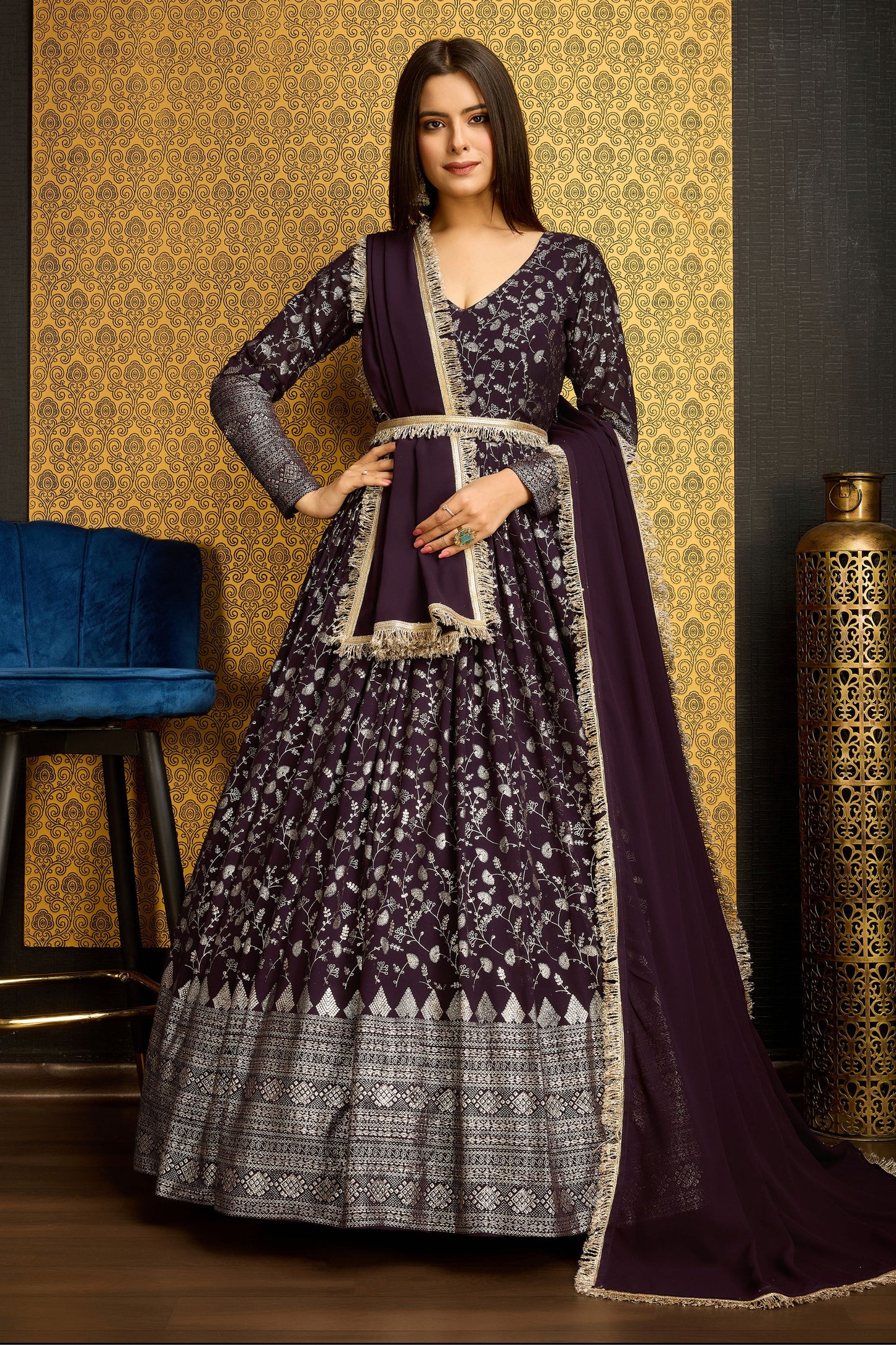 Brown Georgette Anarkali Suit For Indian Festivals & Weddings - Metallic Foil Work