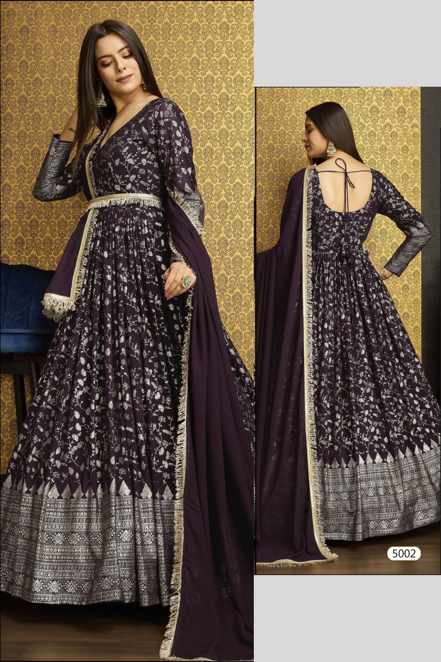 Brown Georgette Anarkali Suit For Indian Festivals & Weddings - Metallic Foil Work