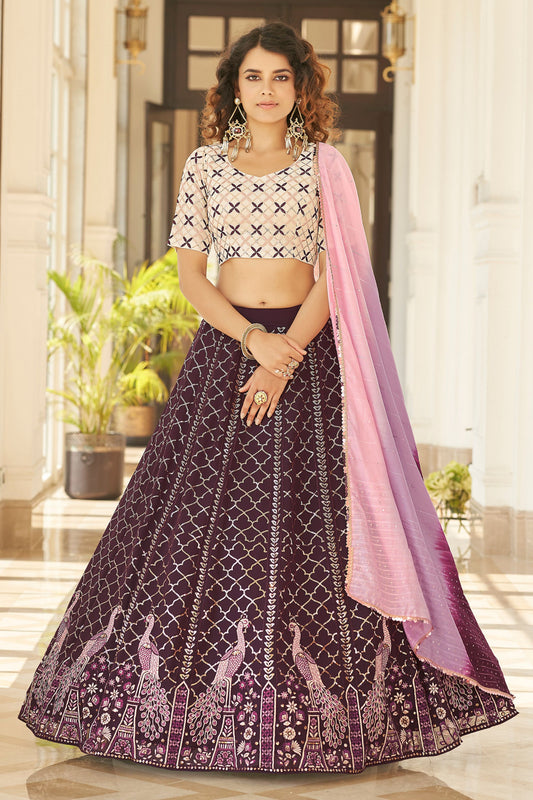 Brown Georgette Lehenga Choli For Indian Weddings & Festivals - Thread Work, Sequence Embroidery Work