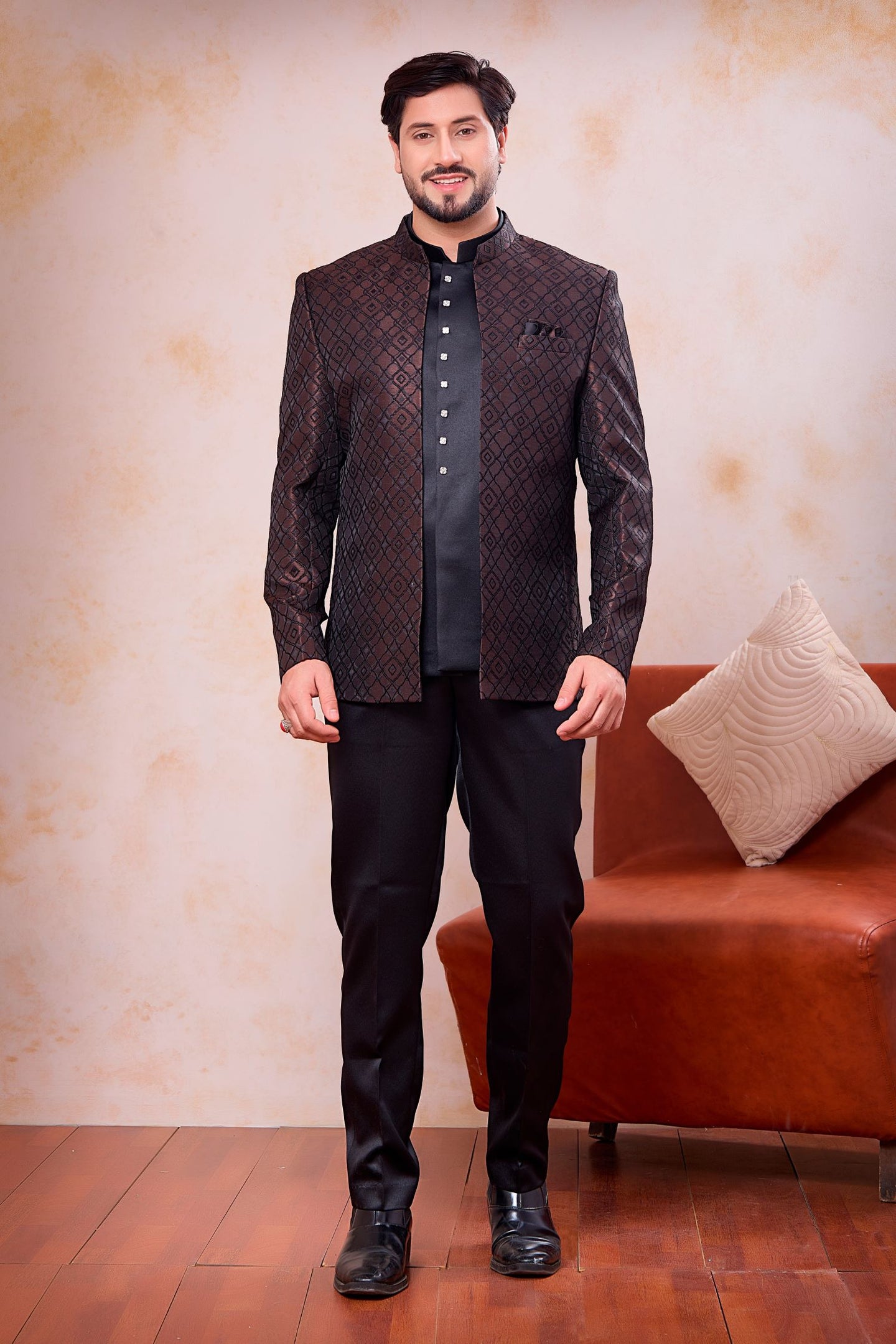 Brown Jacquard Traditional Hindu Men's Clothing 3 Piece Jodhpuri Pant and Jacket with Weaving Work
