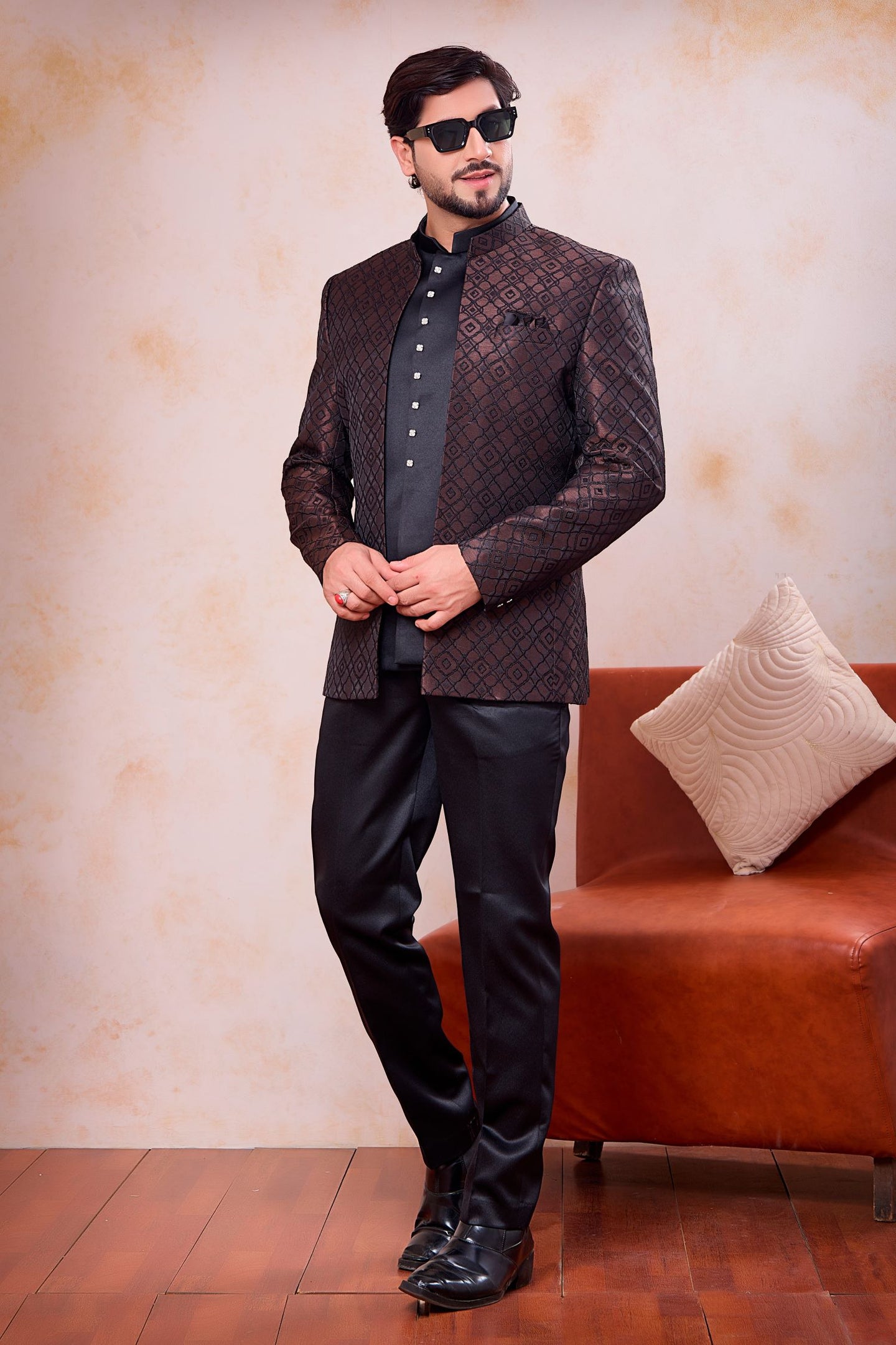 Brown Jacquard Traditional Hindu Men's Clothing 3 Piece Jodhpuri Pant and Jacket with Weaving Work