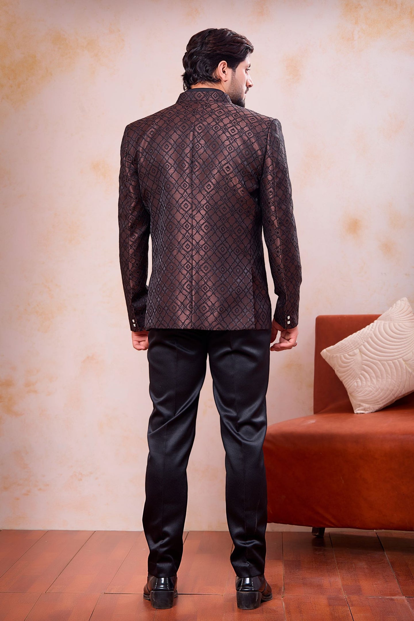 Brown Jacquard Traditional Hindu Men's Clothing 3 Piece Jodhpuri Pant and Jacket with Weaving Work
