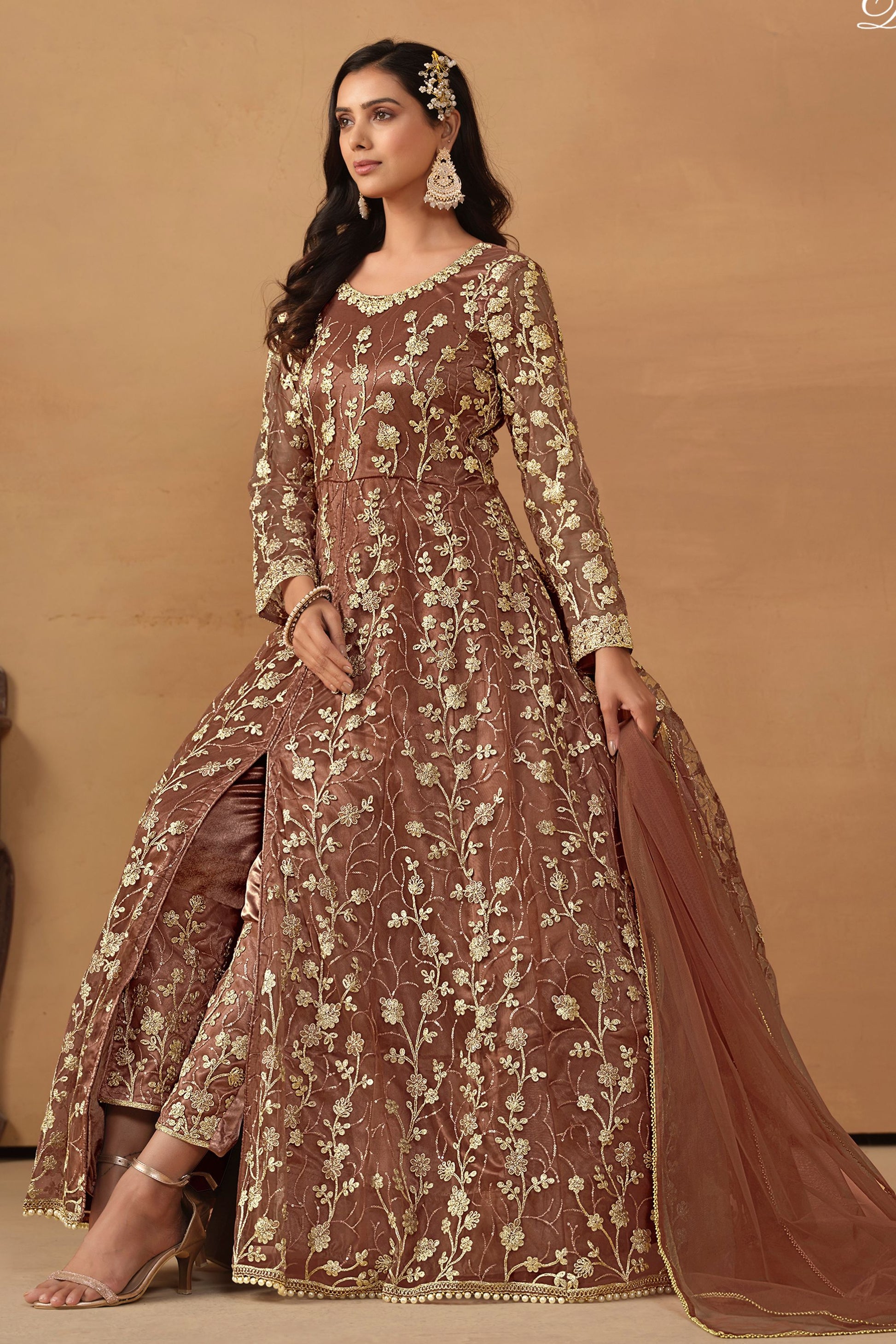 Brown Net Full Floor Length Anarkali Dress with Front Slit For Indian Festivals & Weddings - Thread & Sequence Embroidery Work