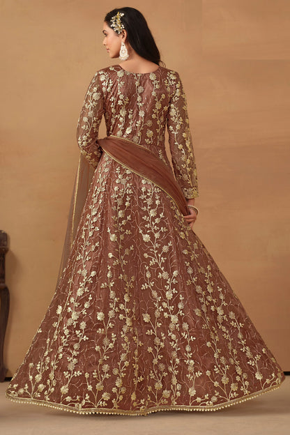 Brown Net Full Floor Length Anarkali Dress with Front Slit For Indian Festivals & Weddings - Thread & Sequence Embroidery Work