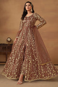 Brown Net Full Floor Length Anarkali Dress with Front Slit For Indian Festivals & Weddings - Thread & Sequence Embroidery Work