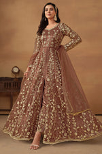 Brown Net Anarkali Indian Wedding Wear For Guests - Thread & Sequence Embroidery Work