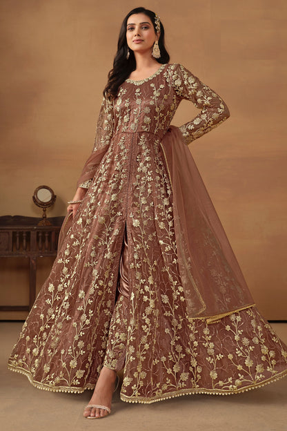 Brown Net Full Floor Length Anarkali Dress with Front Slit For Indian Festivals & Weddings - Thread & Sequence Embroidery Work