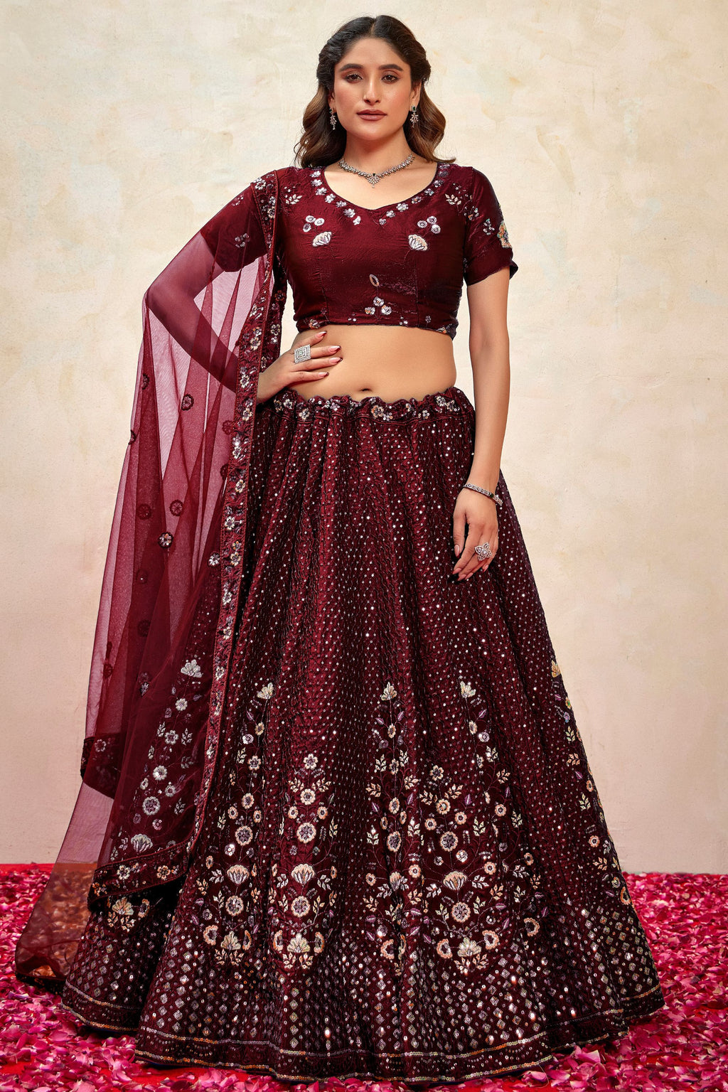 Brown Silk Lehenga Choli For Indian Festivals & Pakistani Weddings Dress - Thread Embroidery Work, Sequence Embroidery Work