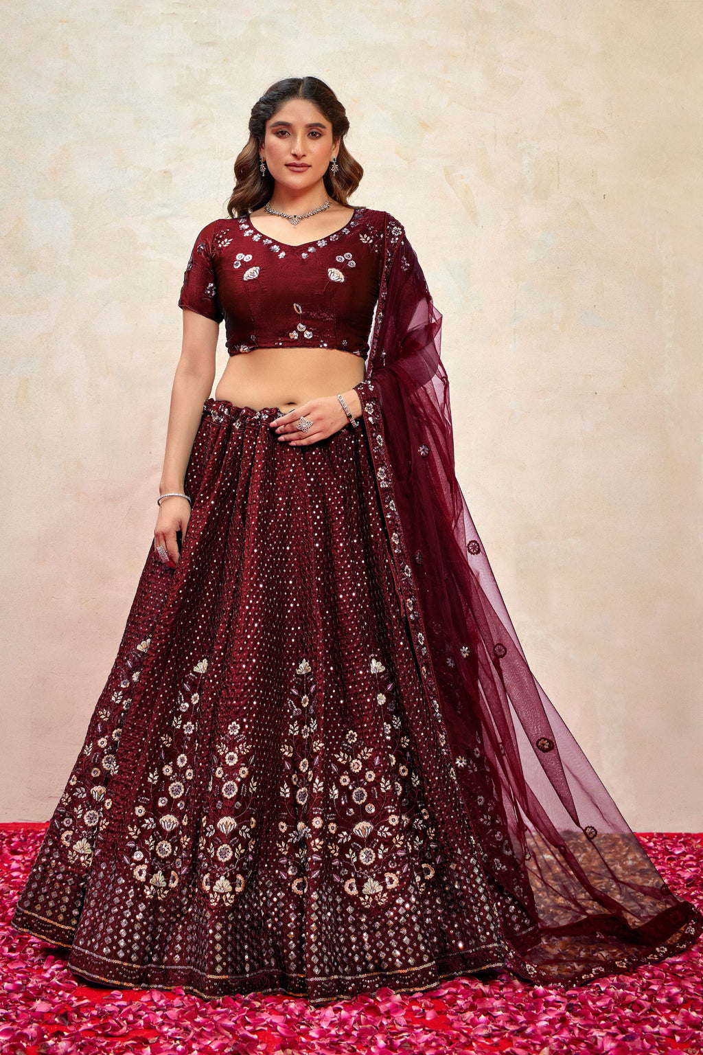 Brown Silk Lehenga Choli For Indian Festivals & Pakistani Weddings Dress - Thread Embroidery Work, Sequence Embroidery Work