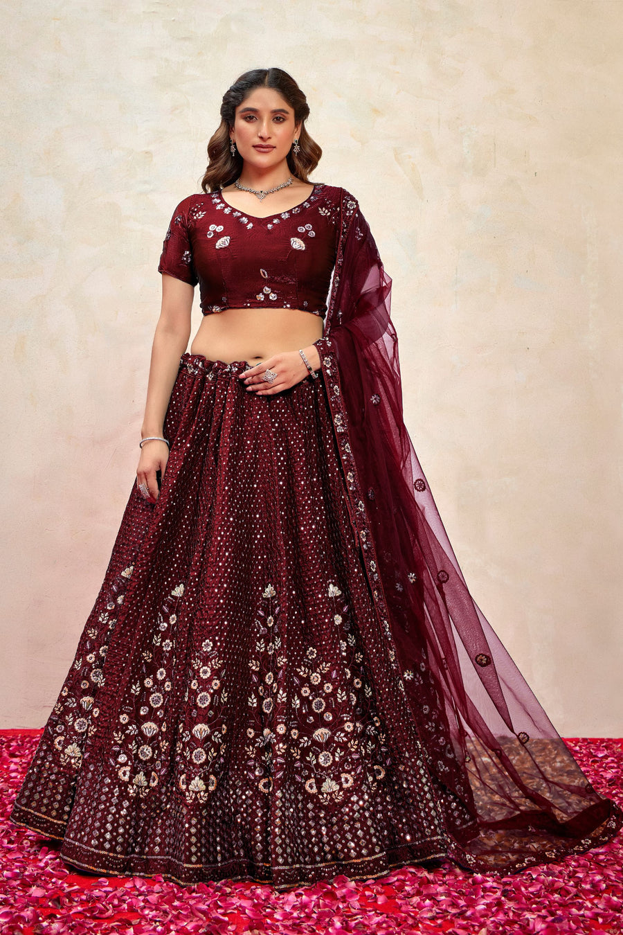 Brown Silk Lehenga Choli For Indian Festivals & Pakistani Weddings Dress - Thread Embroidery Work, Sequence Embroidery Work