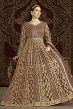 Brown Net Pakistani Anarkali Suit with Sequins and Dori Work