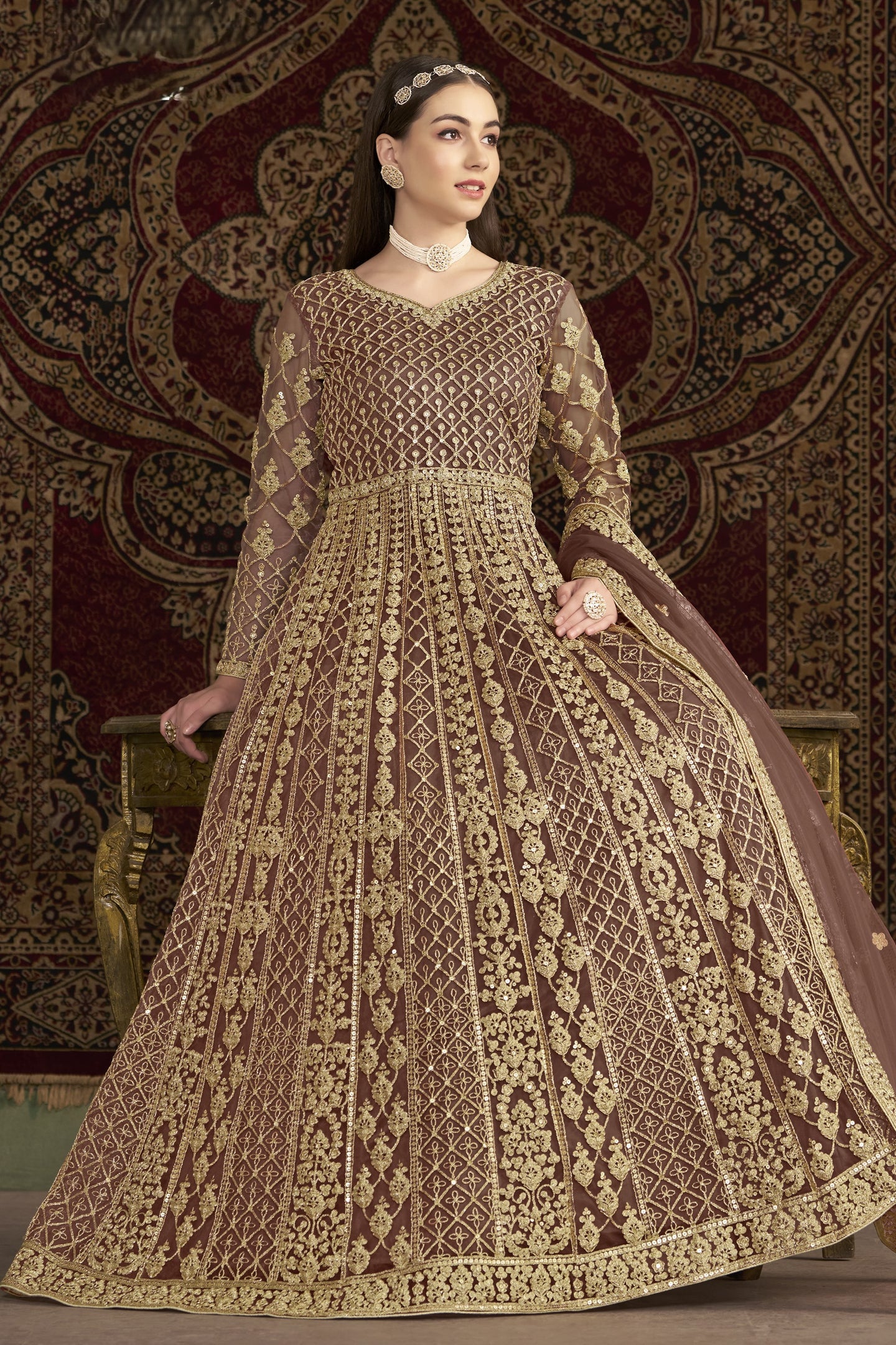 Brown Net Pakistani Anarkali Suit with Sequins and Dori Work