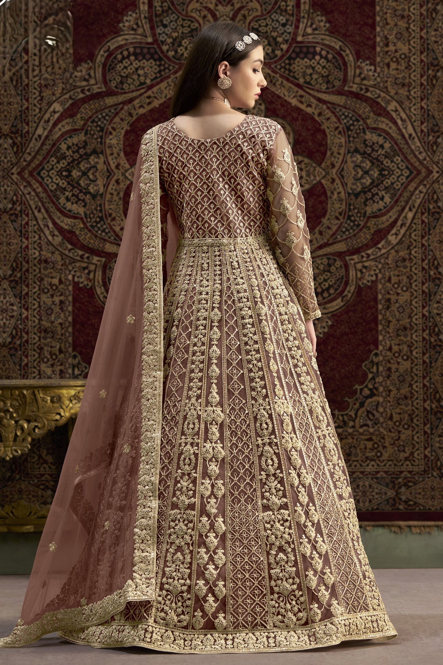 Brown Net Pakistani Anarkali Suit with Sequins and Dori Work