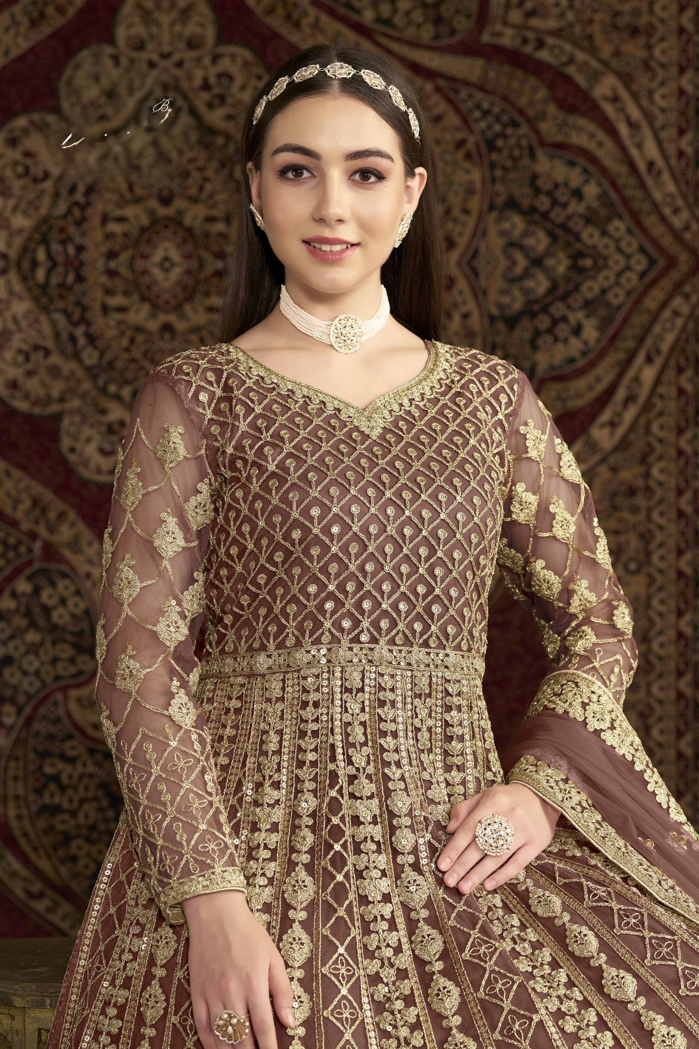 Brown Net Pakistani Anarkali Suit with Sequins and Dori Work