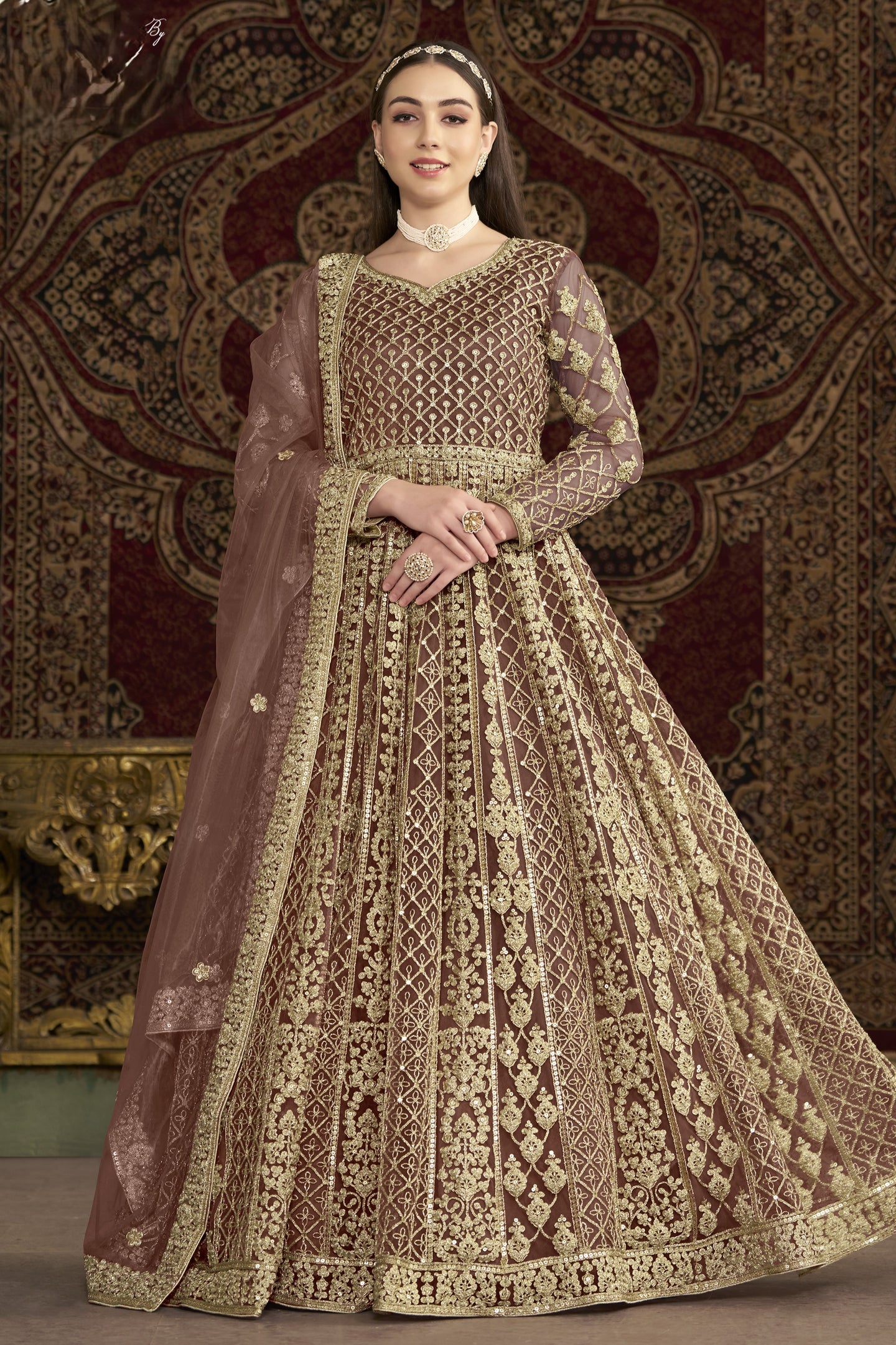 Brown Net Pakistani Anarkali Suit with Sequins and Dori Work