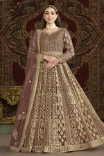 Brown Net Pakistani Anarkali Suit with Sequins and Dori Work