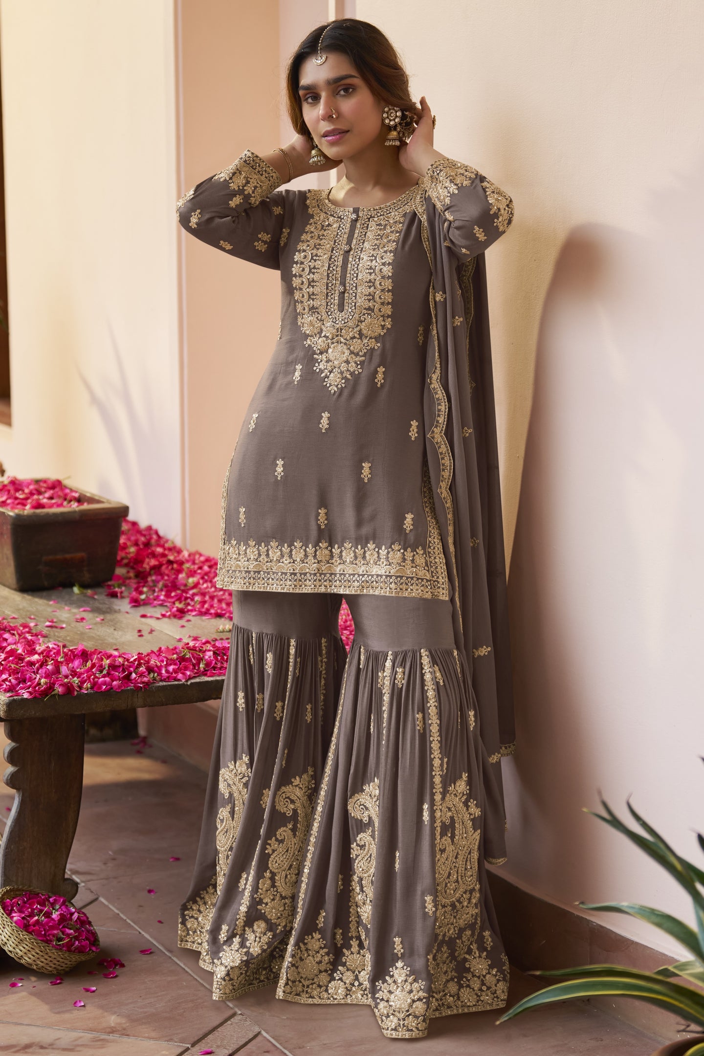 Brown Pakistani Sharara Suits for Wedding with Sequins & Dori Work