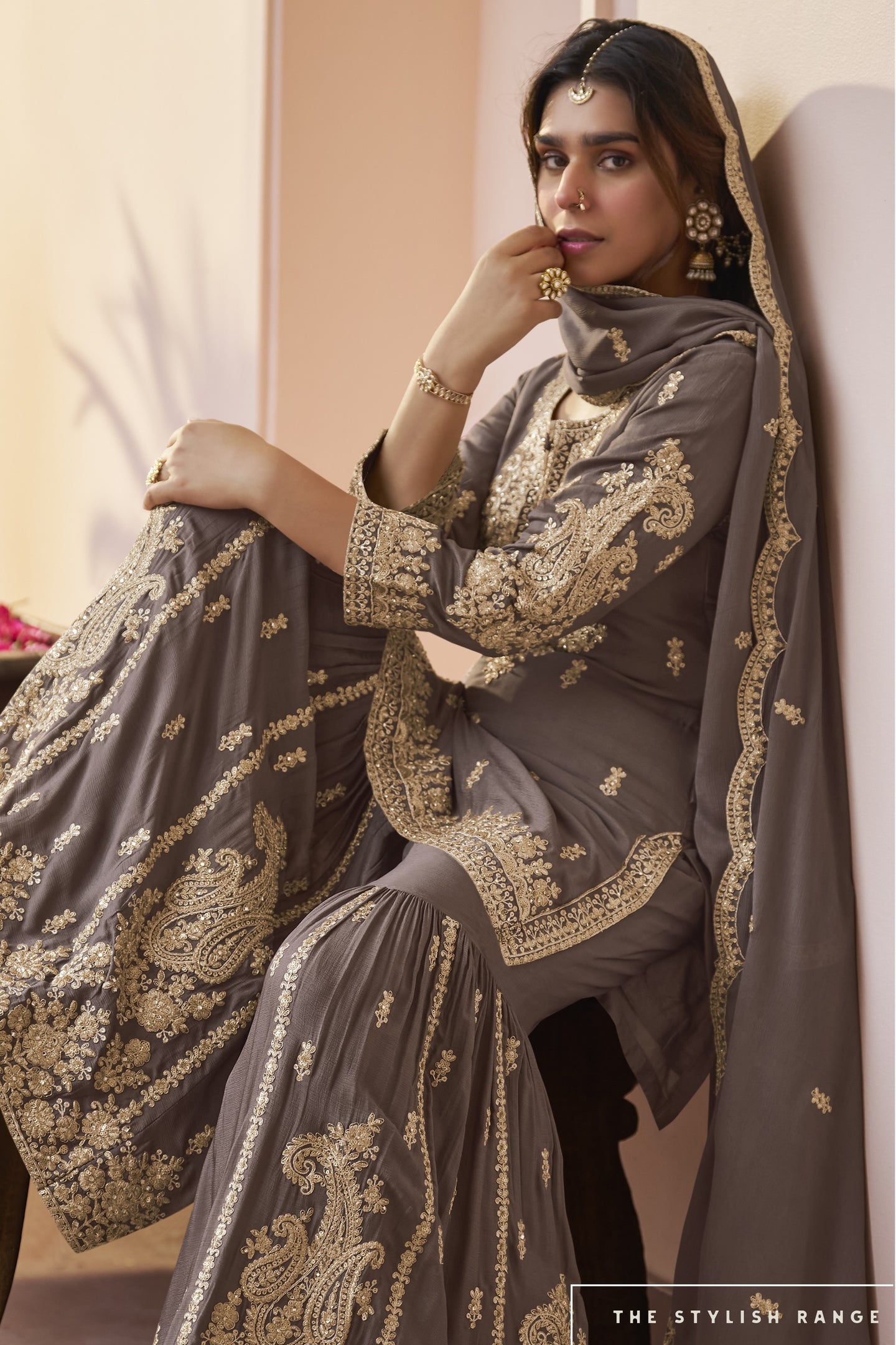 Brown Pakistani Sharara Suits for Wedding with Sequins & Dori Work