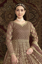 Brown Net Pakistani Anarkali Suit with Sequins and Dori Work
