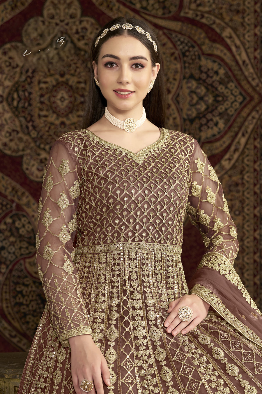 Brown Net Pakistani Anarkali Suit with Sequins and Dori Work