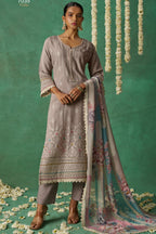 Brownish Grey Organza Silk Kameez With Pant For Indian & Pakistani Festival - Thread Embroidery Work, Print Work