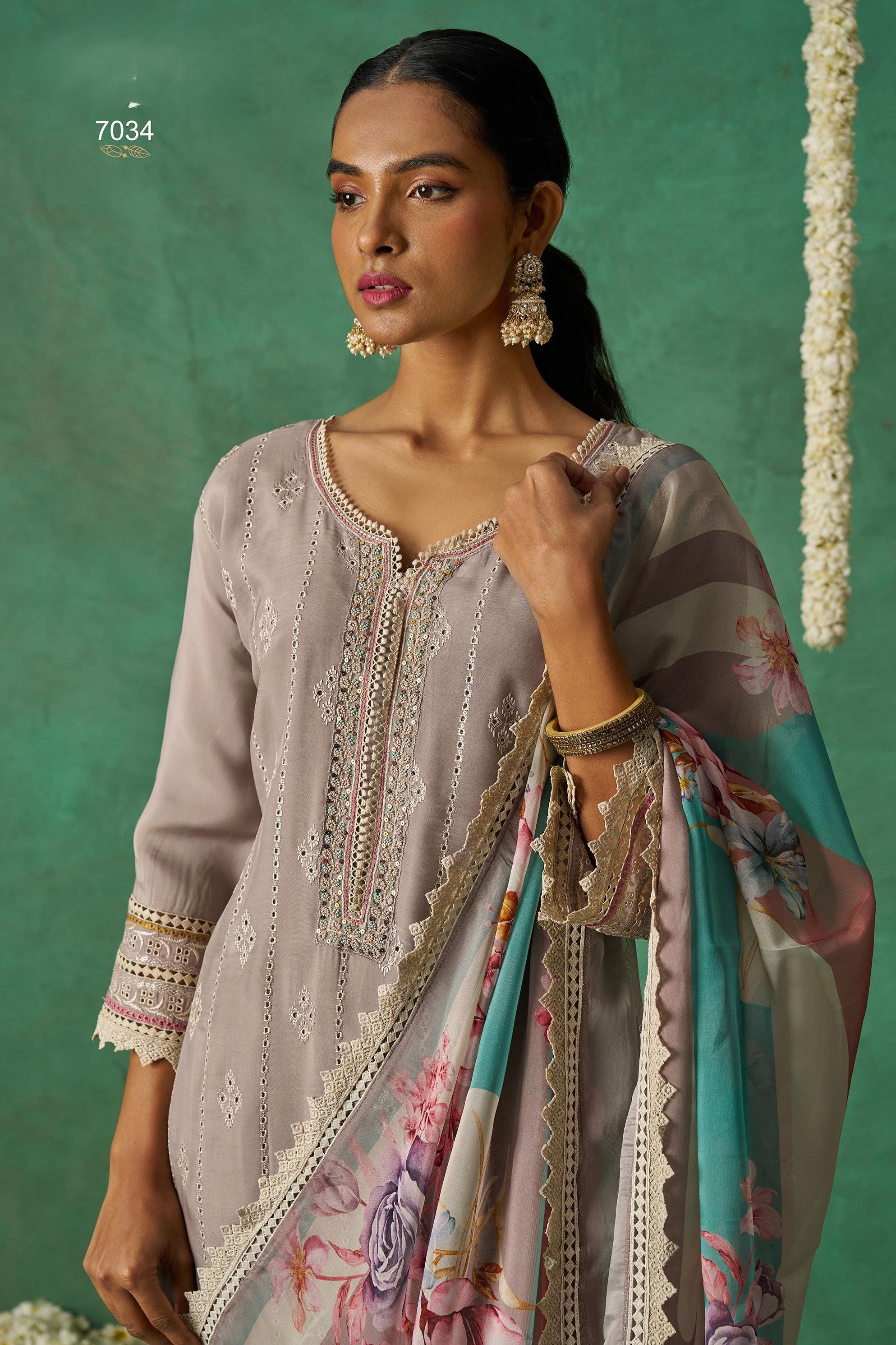 Brownish Grey Organza Silk Kameez With Pant For Indian & Pakistani Wedding Festival - Thread Embroidery Work, Print Work