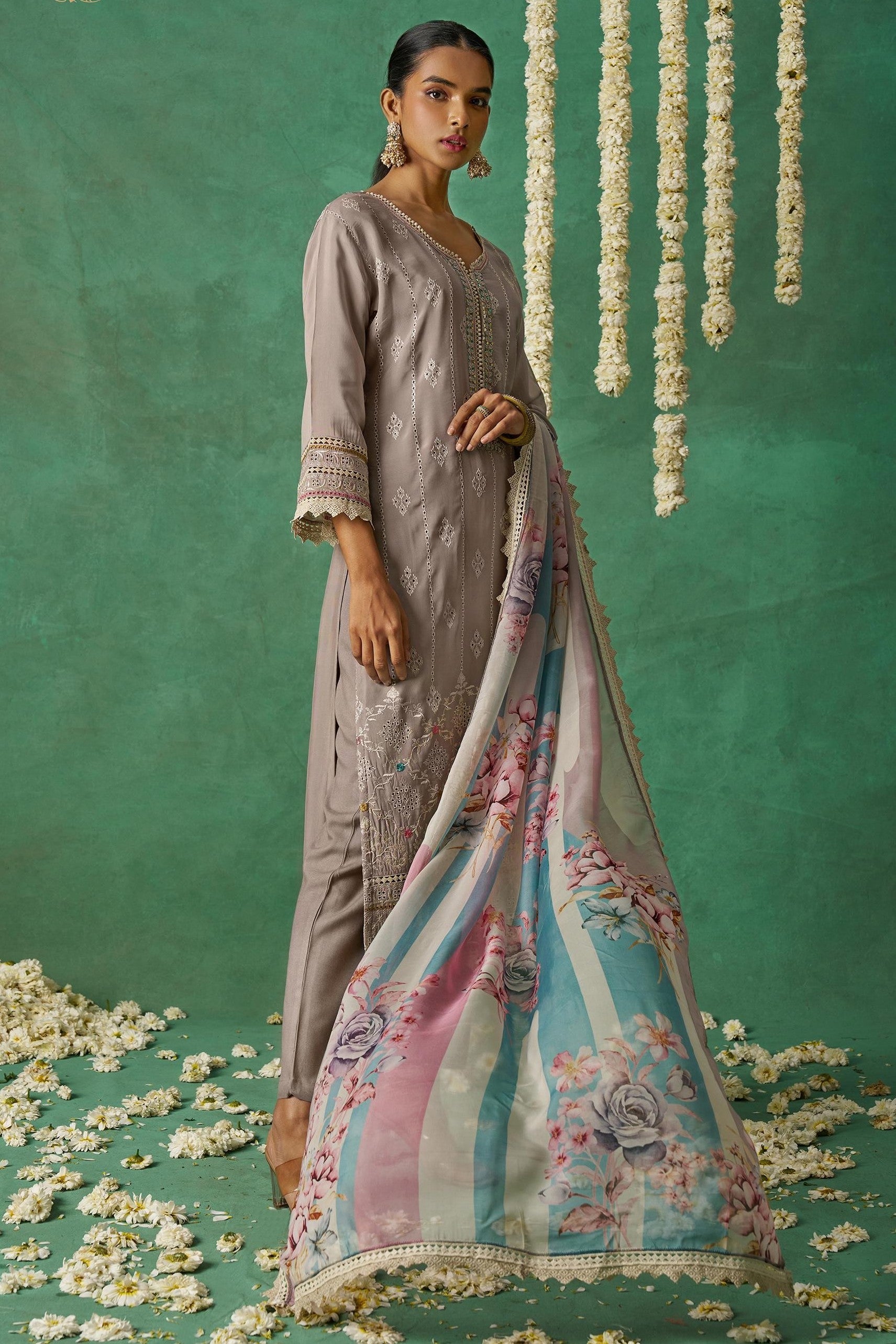 Brownish Grey Organza Silk Kameez With Pant For Indian & Pakistani Festival - Thread Embroidery Work, Print Work