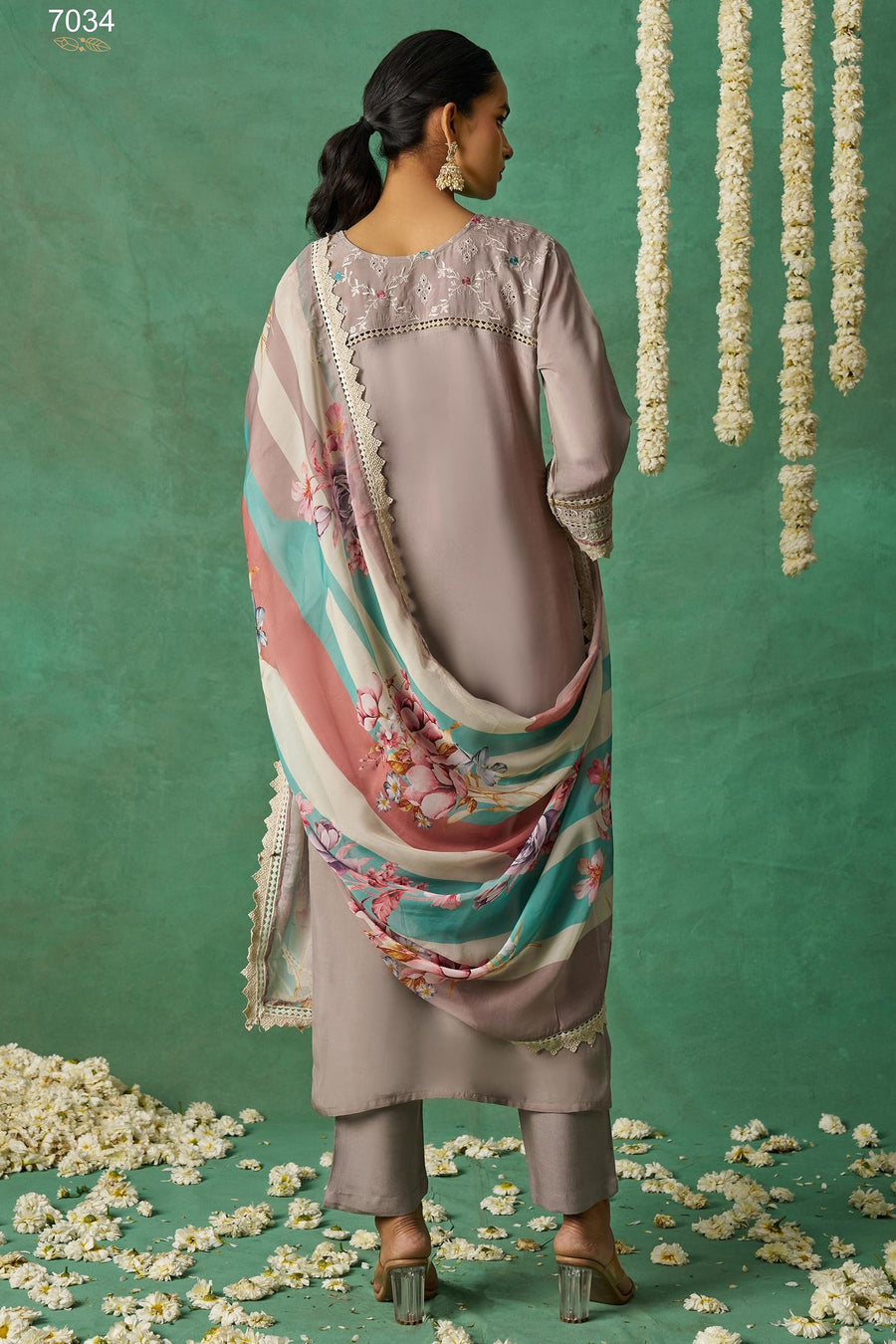 Brownish Grey Organza Silk Kameez With Pant For Indian & Pakistani Wedding Festival - Thread Embroidery Work, Print Work