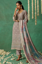Brownish Grey Organza Silk Kameez With Pant For Indian & Pakistani Festival - Thread Embroidery Work, Print Work
