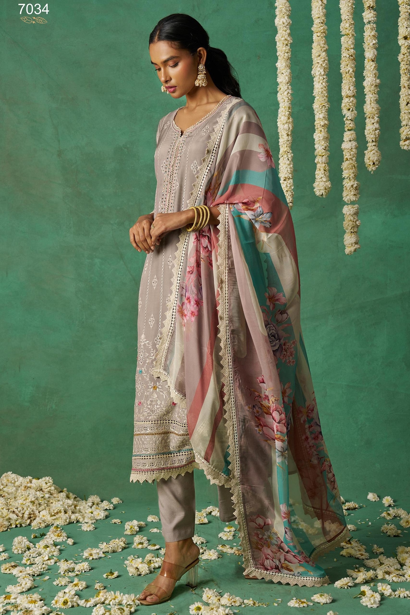 Brownish Grey Organza Silk Kameez With Pant For Indian & Pakistani Wedding Festival - Thread Embroidery Work, Print Work