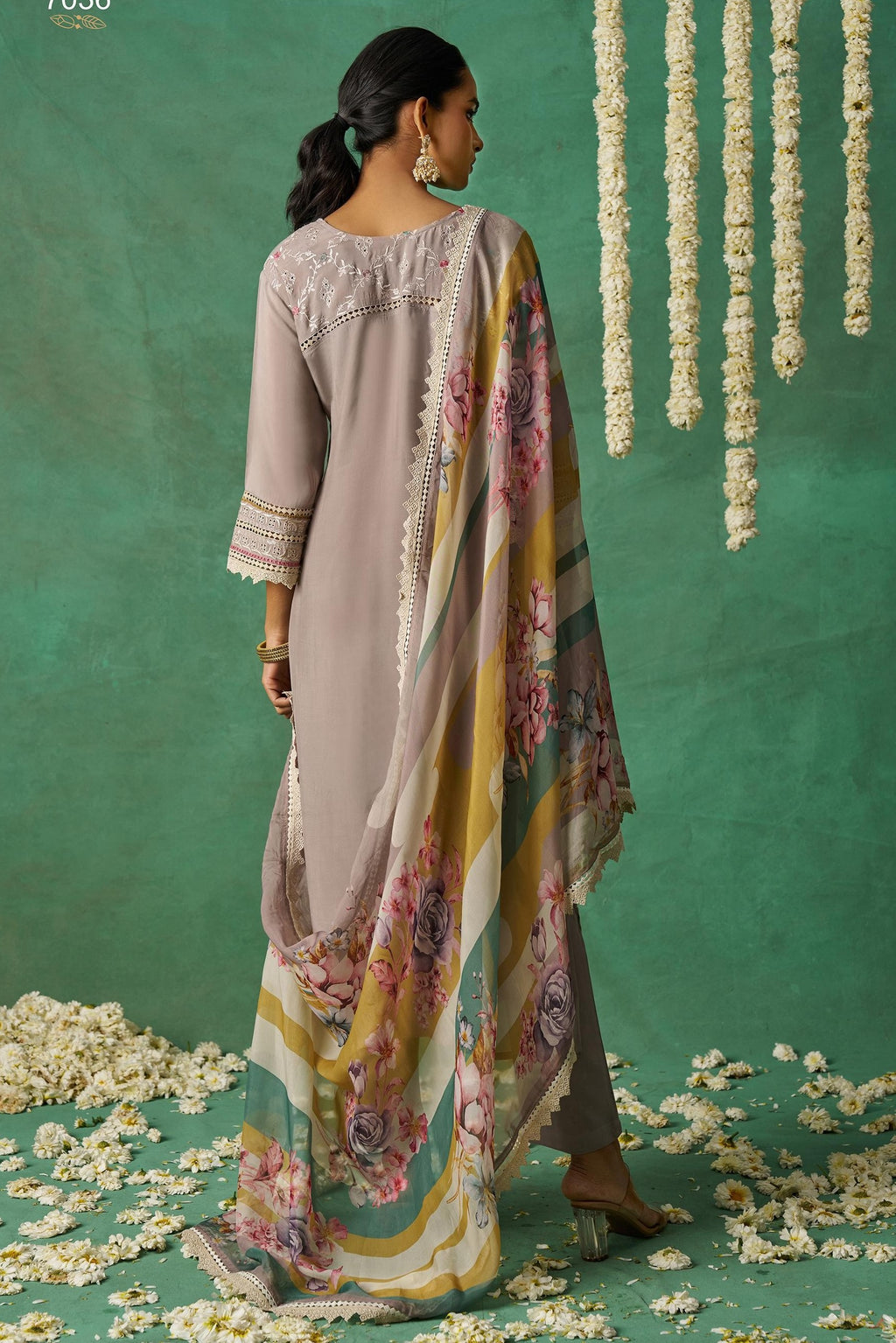 Brownish Grey Organza Silk Kameez With Pant For Indian & Pakistani Wedding - Thread Embroidery Work, Print Work
