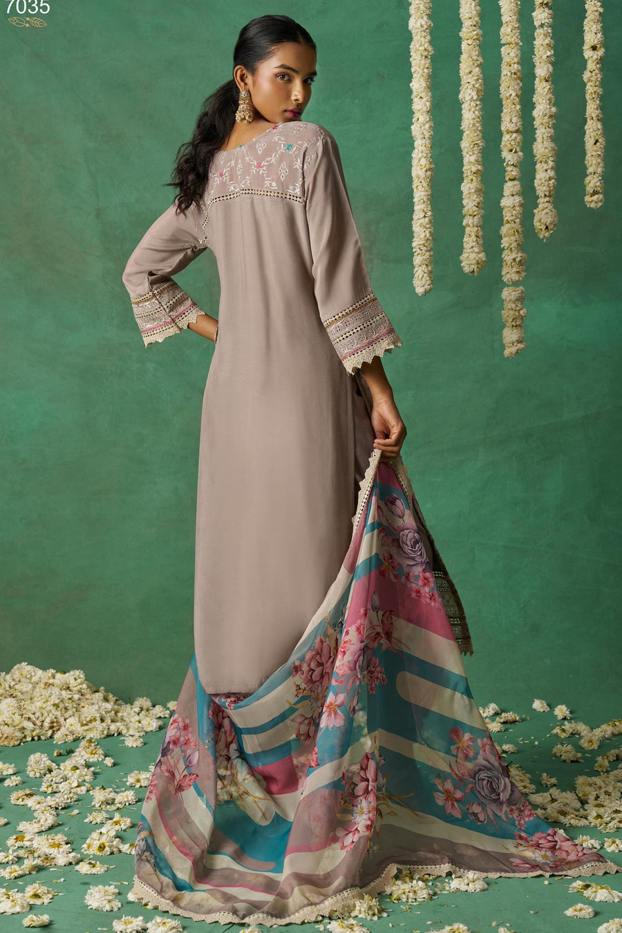 Brownish Grey Organza Silk Kameez With Pant For Indian & Pakistani Festival - Thread Embroidery Work, Print Work