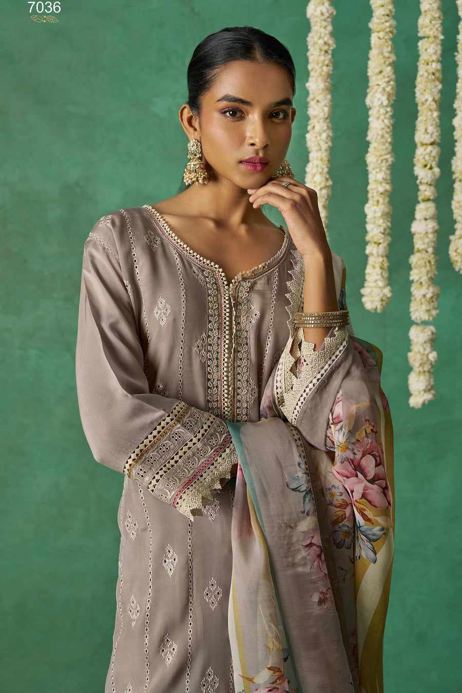 Brownish Grey Organza Silk Kameez With Pant For Indian & Pakistani Wedding - Thread Embroidery Work, Print Work