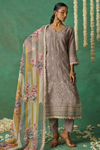 Brownish Grey Organza Silk Kameez With Pant For Indian & Pakistani Wedding - Thread Embroidery Work, Print Work