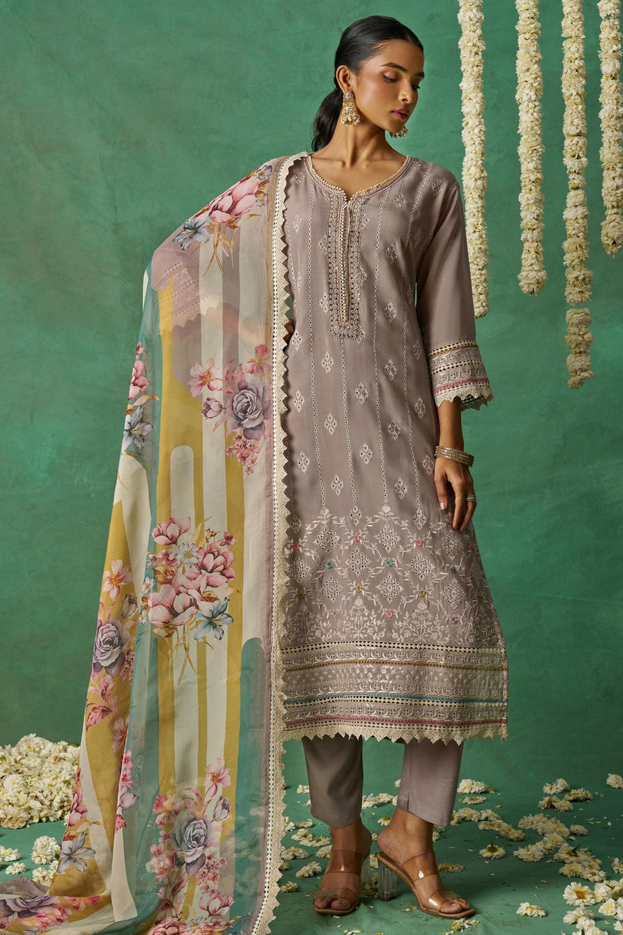 Brownish Grey Organza Silk Kameez With Pant For Indian & Pakistani Wedding - Thread Embroidery Work, Print Work