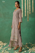Brownish Grey Organza Silk Kameez With Pant For Indian & Pakistani Wedding Festival - Thread Embroidery Work, Print Work