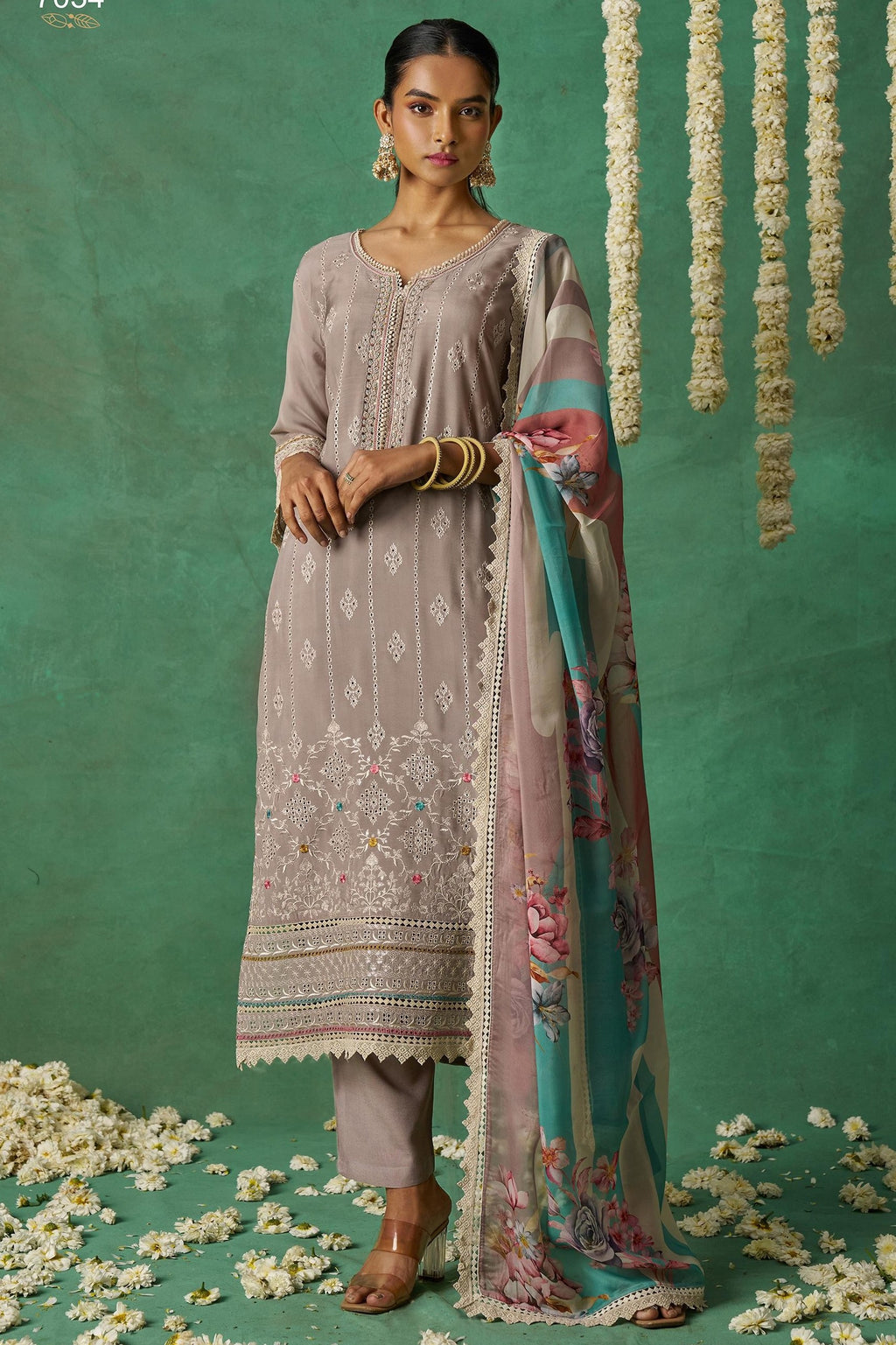 Brownish Grey Organza Silk Kameez With Pant For Indian & Pakistani Wedding Festival - Thread Embroidery Work, Print Work