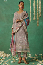Brownish Grey Organza Silk Kameez With Pant For Indian & Pakistani Festival - Thread Embroidery Work, Print Work