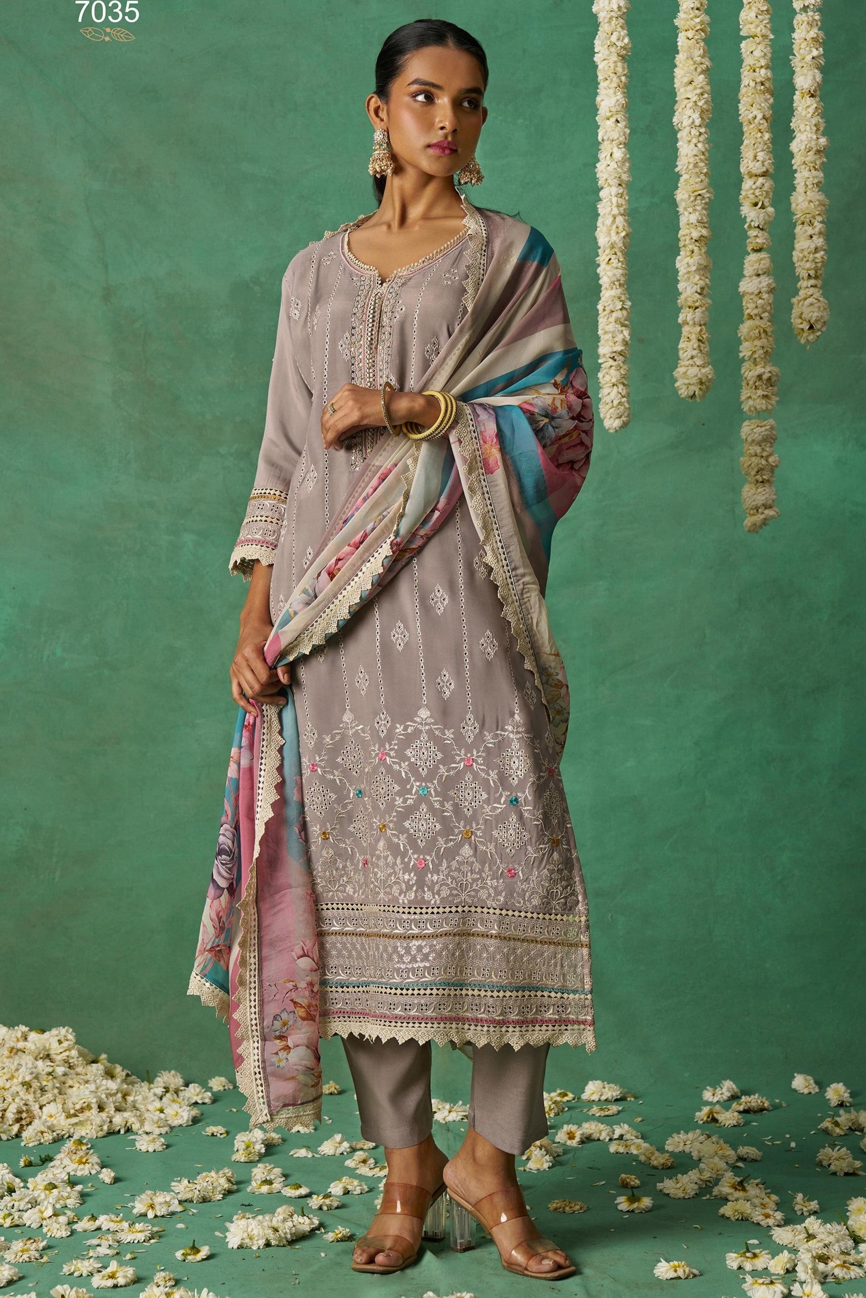 Brownish Grey Organza Silk Kameez With Pant For Indian & Pakistani Festival - Thread Embroidery Work, Print Work