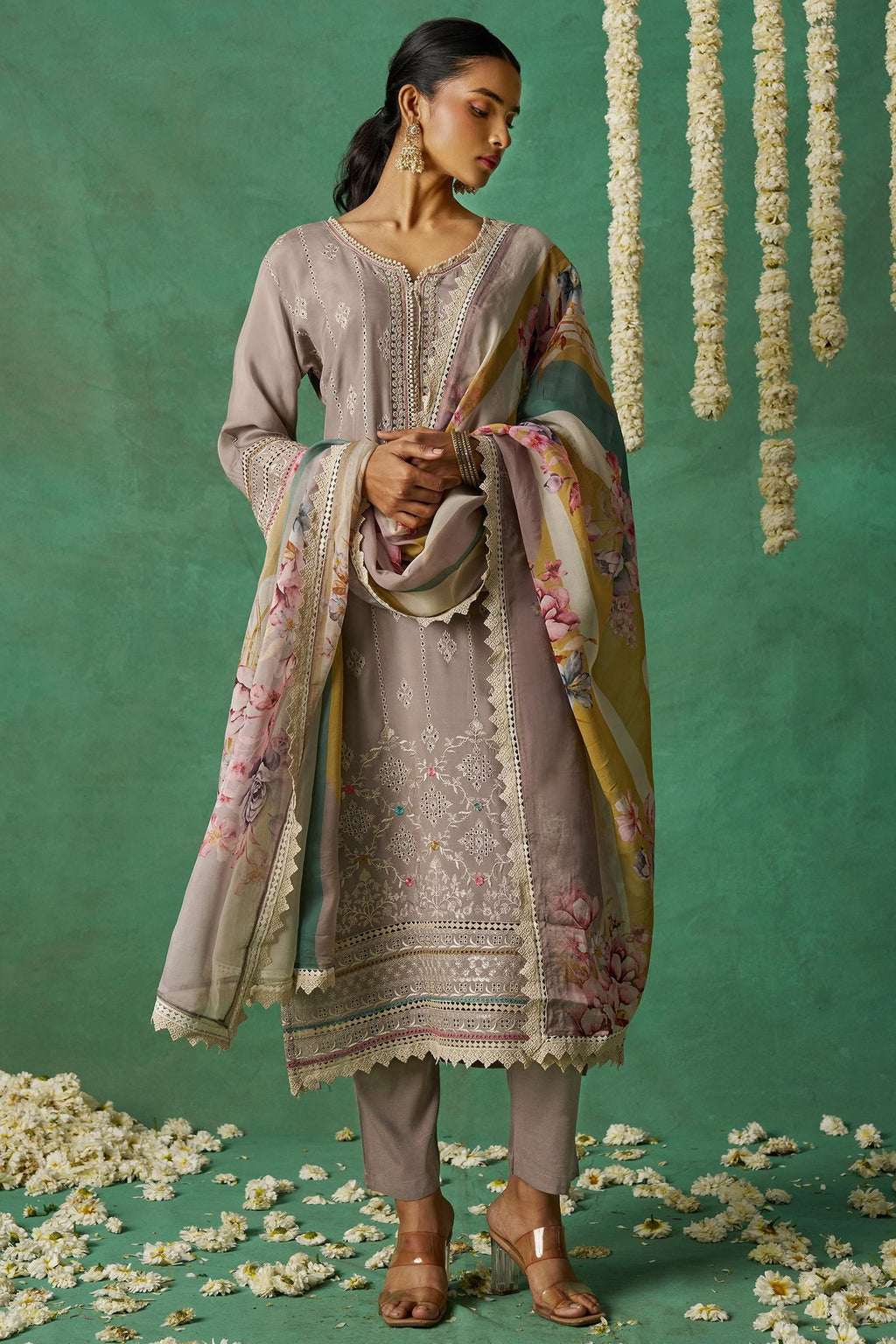 Brownish Grey Organza Silk Kameez With Pant For Indian & Pakistani Wedding - Thread Embroidery Work, Print Work