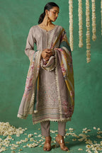 Brownish Grey Organza Silk Kameez With Pant For Indian & Pakistani Wedding - Thread Embroidery Work, Print Work